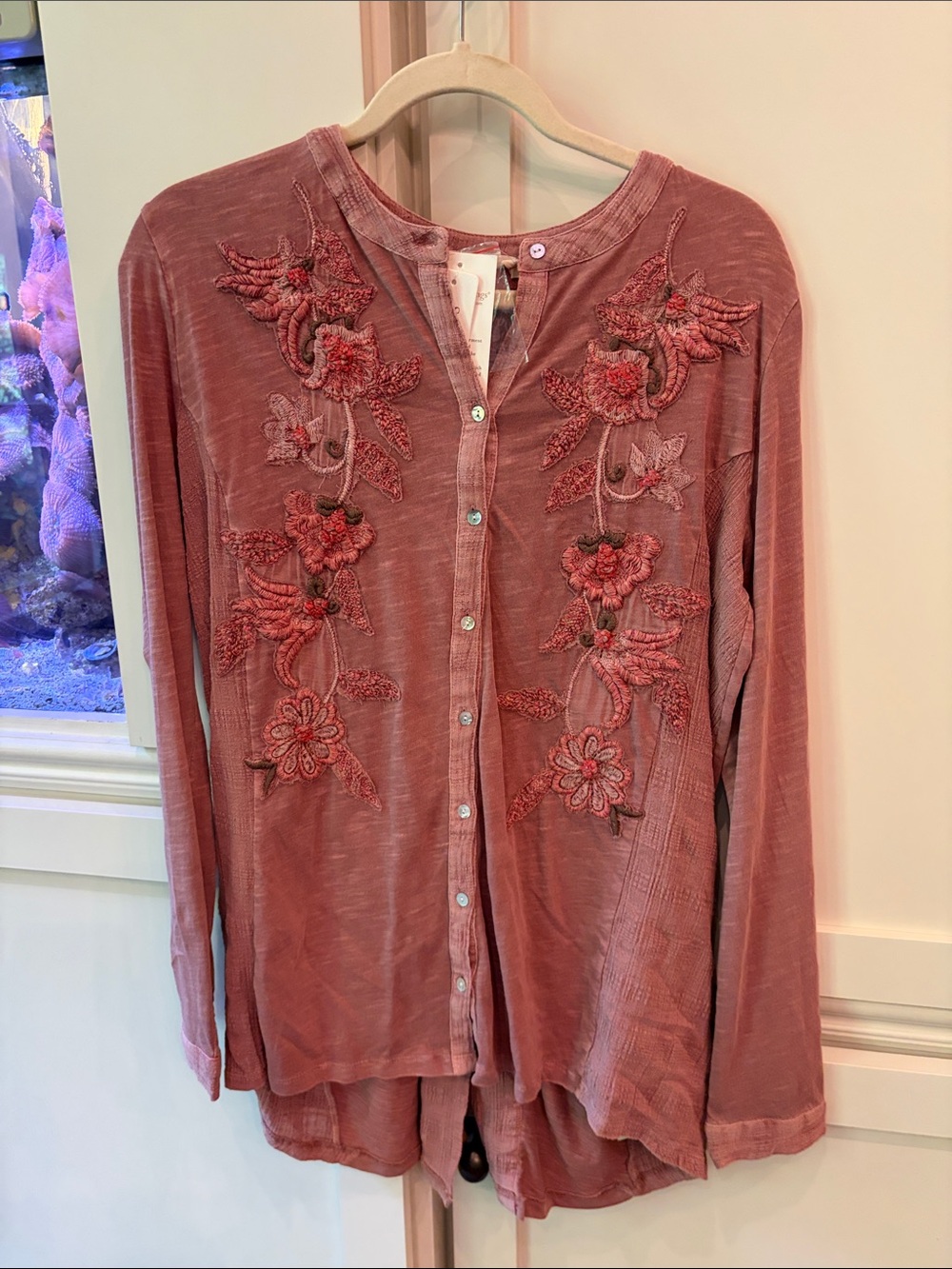 Soft Surroundings Dusty Rose Embroidered Button-Down Top